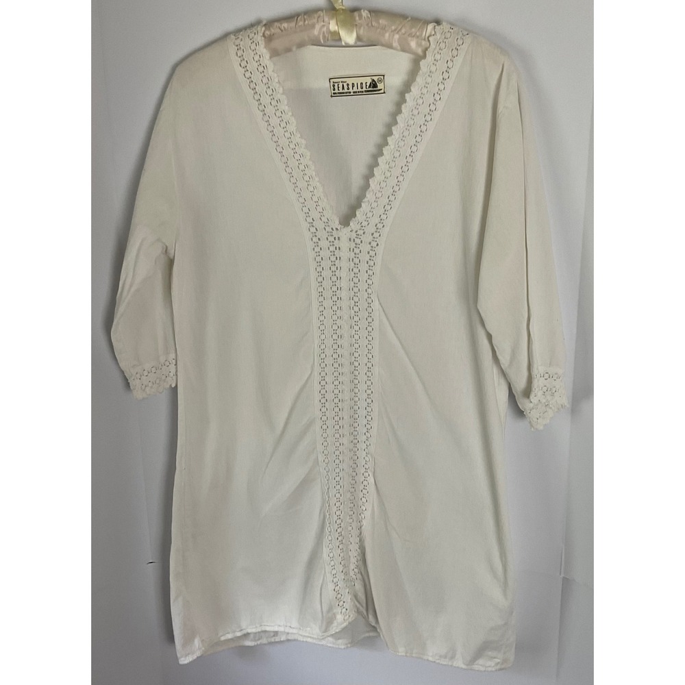 Seaspice Resort Wear White 100% Peruvian Cotton Crochet Lace V-Neck Top Womens M